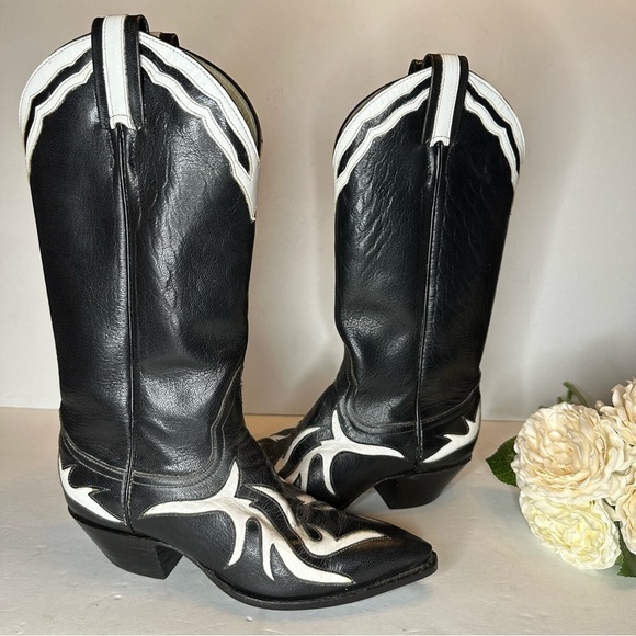 Larry Mahan Sz Vintage Black White Western Cowgirl Rodeo Boots